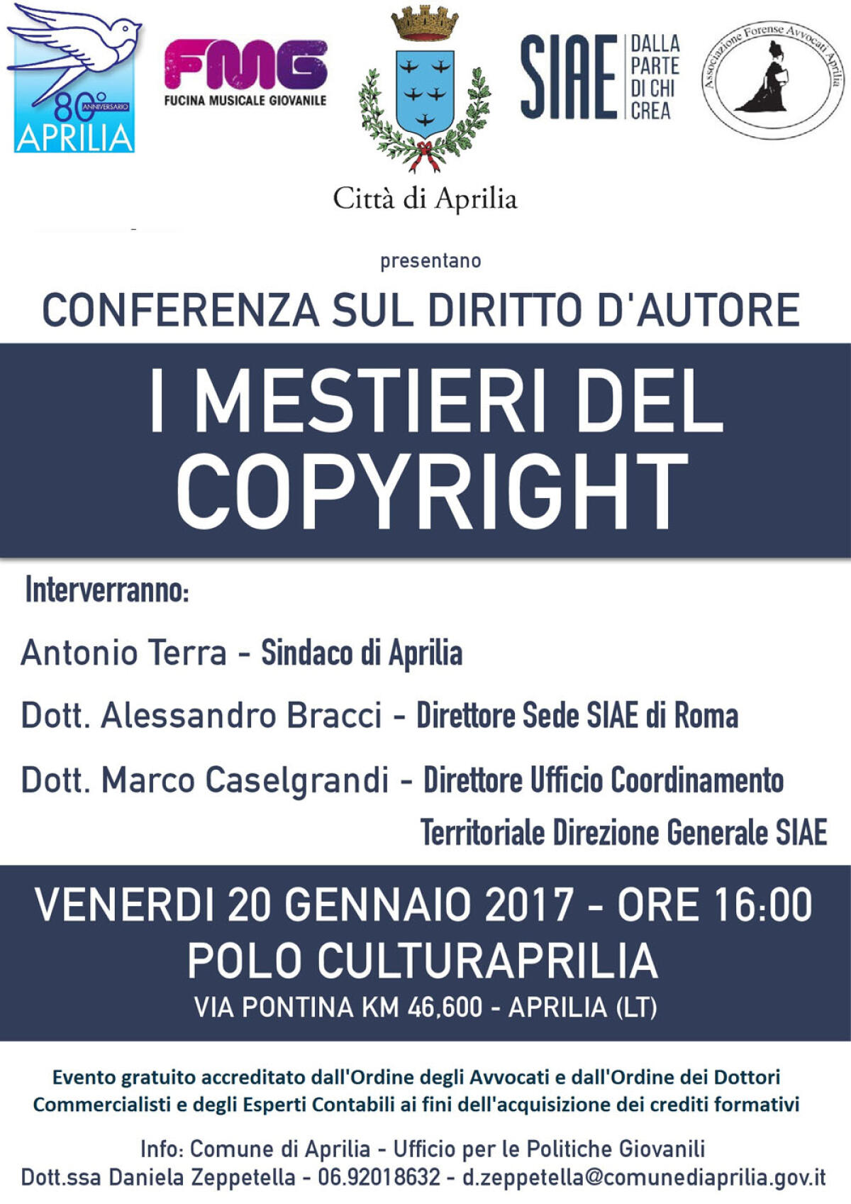 APRILIA - “I mestieri del Copyright”: oggi pomeriggio la conferenza sul diritto d’autore. - 
