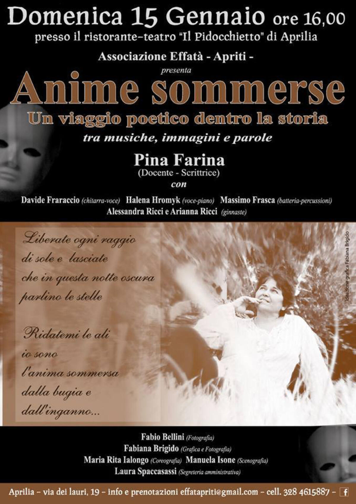 APRILIA – Domenica 15 gennaio lo spettacolo “Anime Sommerse” di Pina Farina. - 