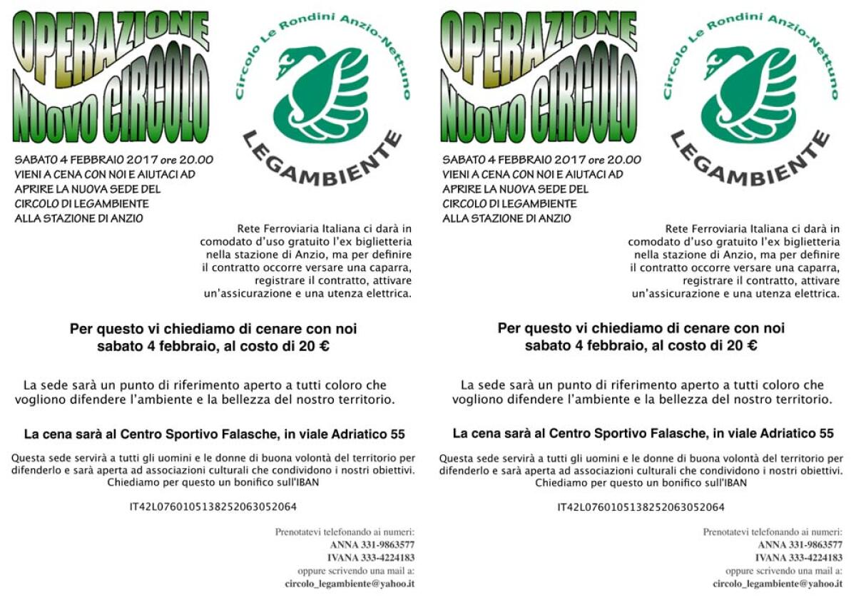 ANZIO – Mancano i soldi della caparra, Legambiente organizza una cena di autofinanziamento. - 