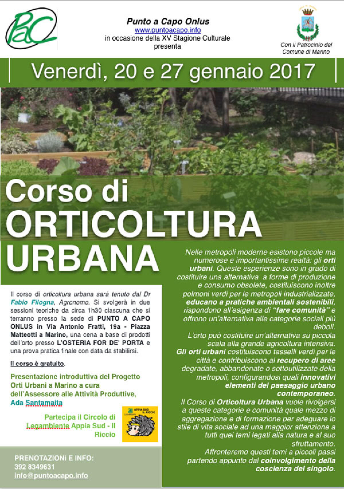 MARINO – Al via oggi un corso gratuito di Orticoltura Urbana. - 
