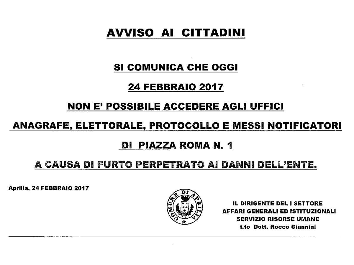 APRILIA - Ladri in Comune, ecco gli uffici che oggi rimarranno chiusi al pubblico. - 