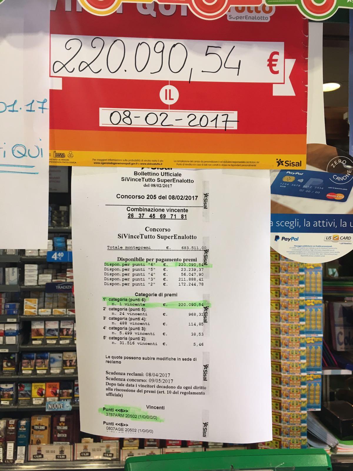 Vinti alla tabaccheria Tomei di Aprilia 220mila con il SiVinceTutto del SuperEnalotto! - 