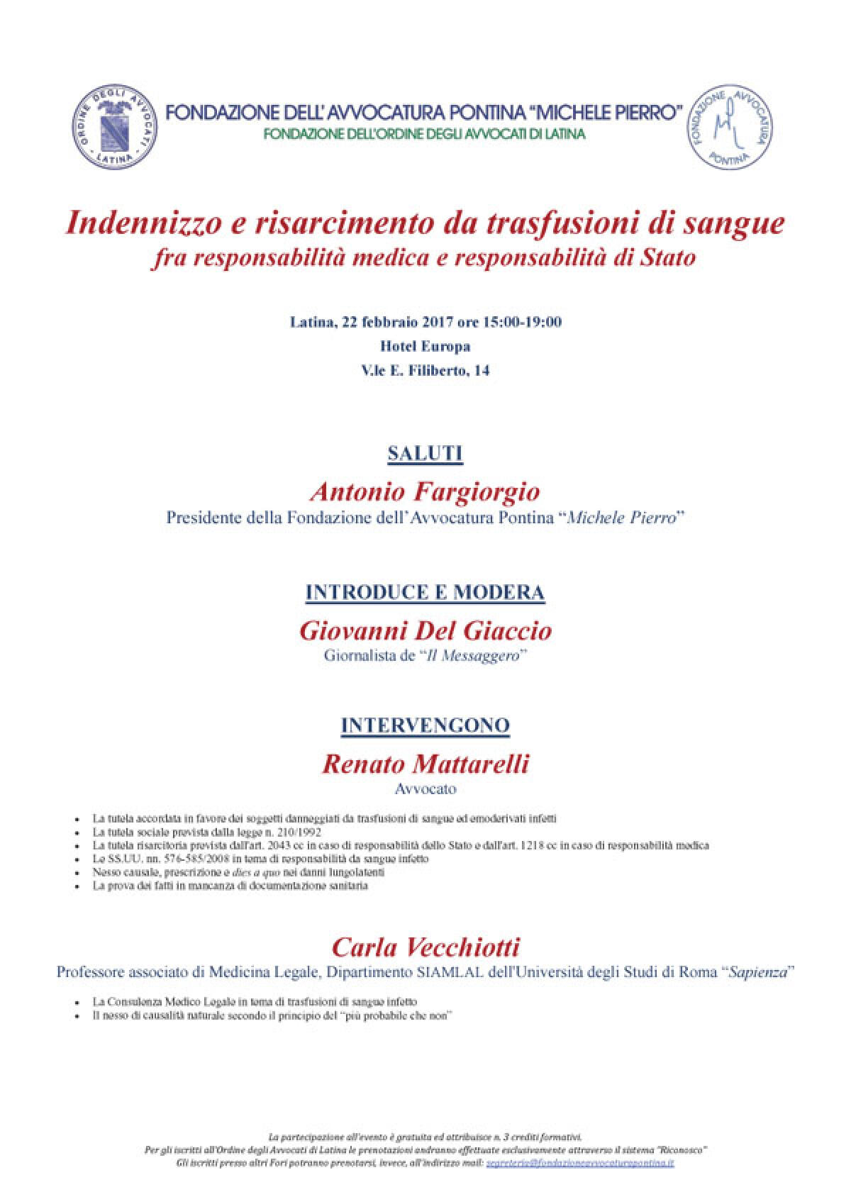 "Indennizzo e risarcimento da trasfusioni di sangue", il convegno a Latina - 