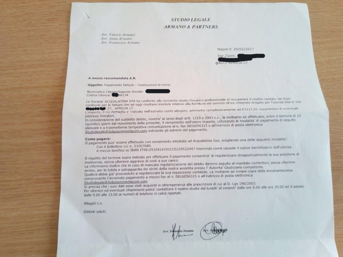 Aprilia -  Acqualatina invia lettere di diffida agli utenti morosi - 