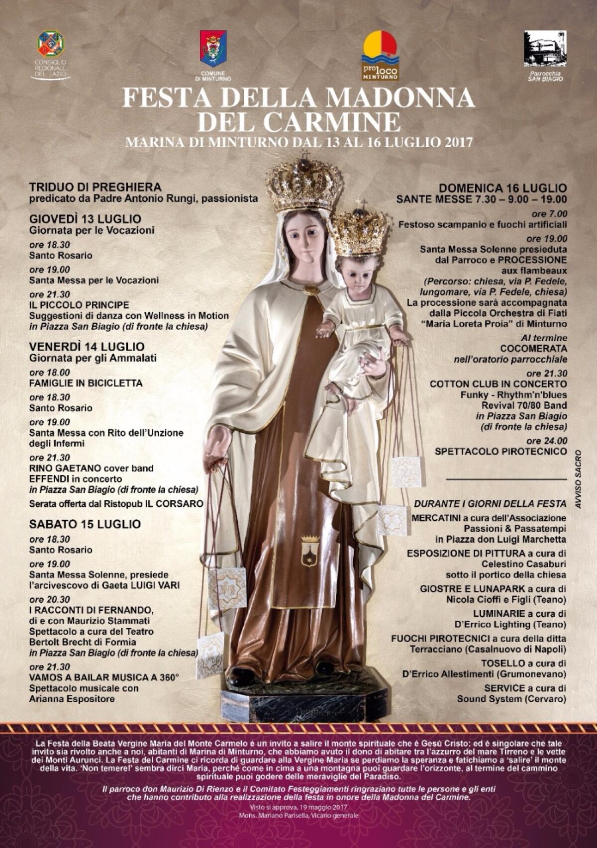 MINTURNO  - Dal 13 al 16 luglio la Festa della Madonna del Carmine. - 