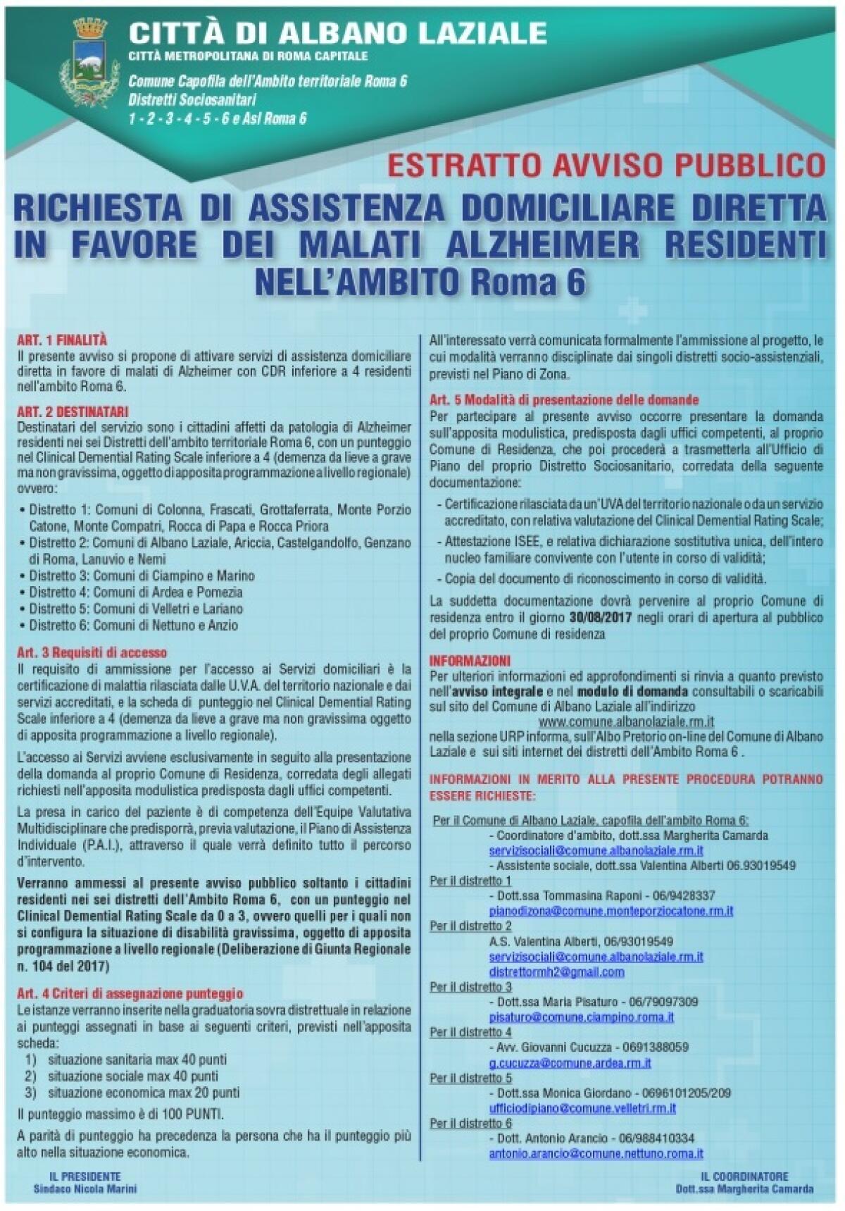 ALBANO - Servizi Sociali: avviso pubblico per l’assistenza domiciliare ai malati di Alzheimer. - 