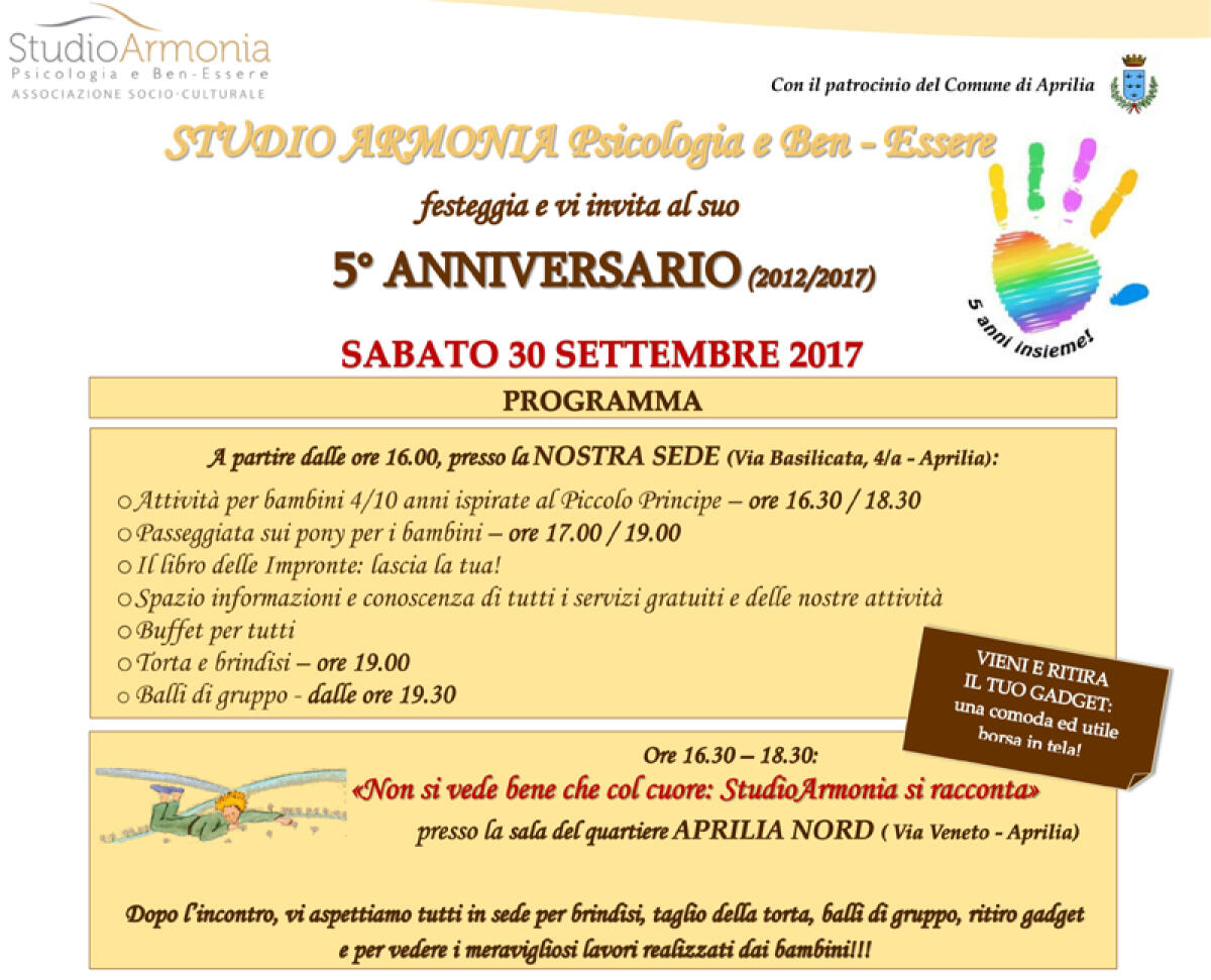 Questo sabato 30 settembre ad Aprilia la festa per i 5 anni dell’associazione “Studio Armonia”. - 