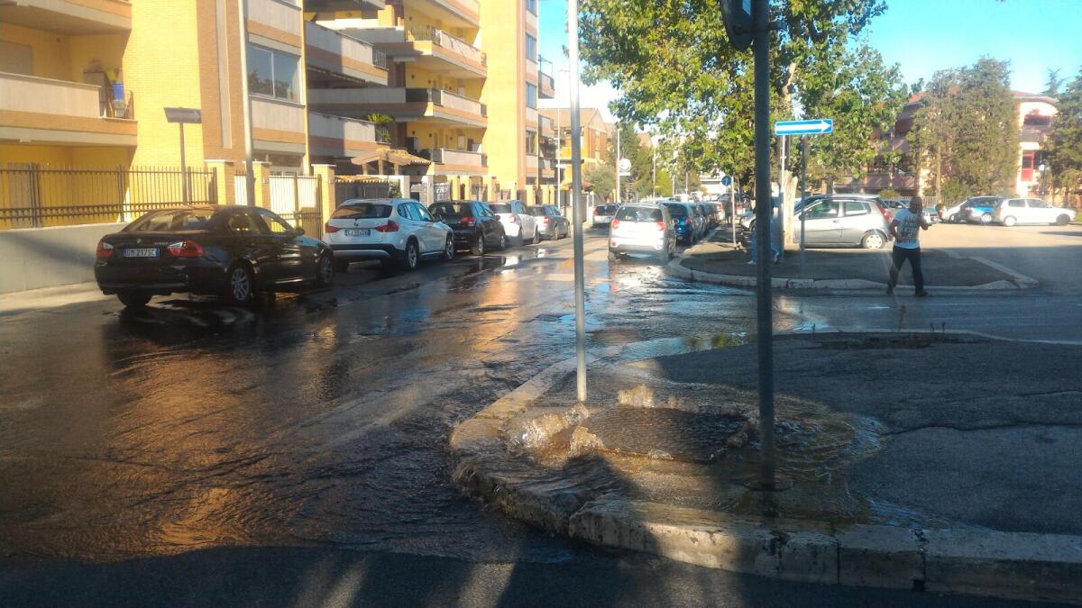 Grossa perdita di acqua in strada in via delle Palme, ad Aprilia. - 