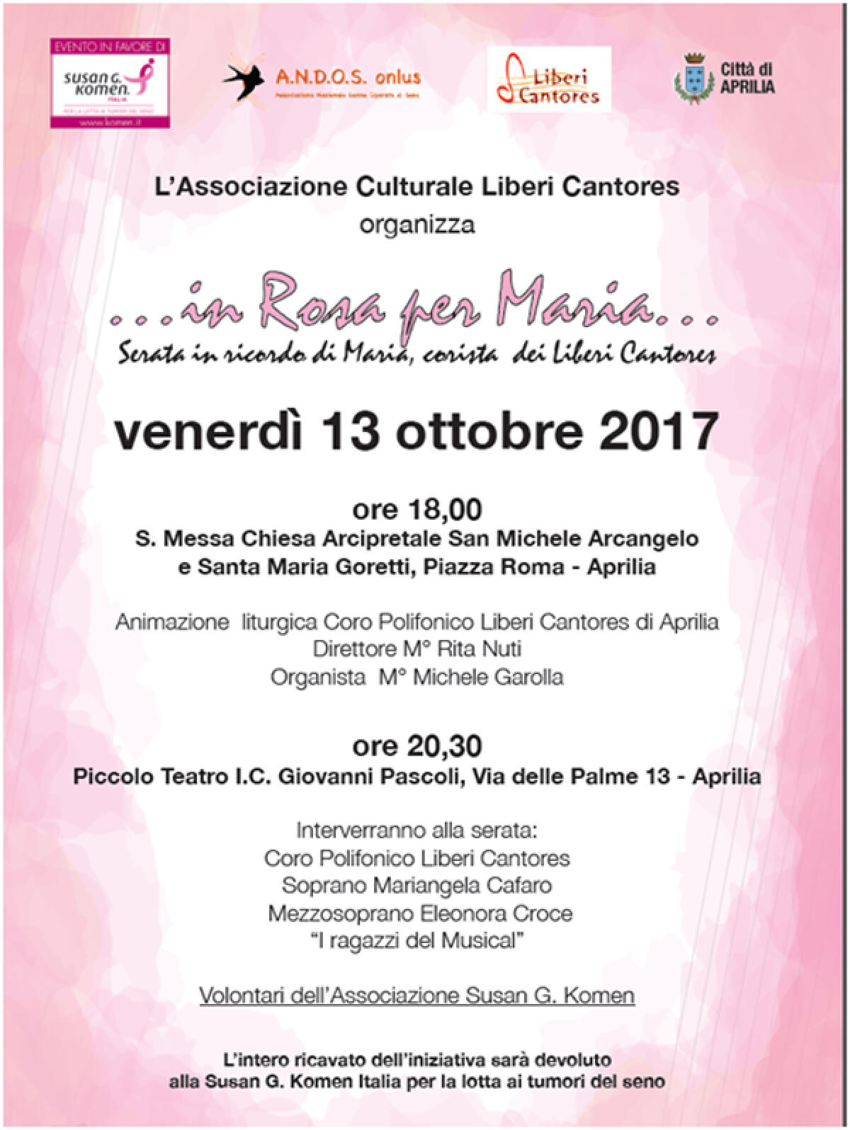 Aprilia, "In Rosa per Maria". Una serata di musica con il Liberi Cantores - 