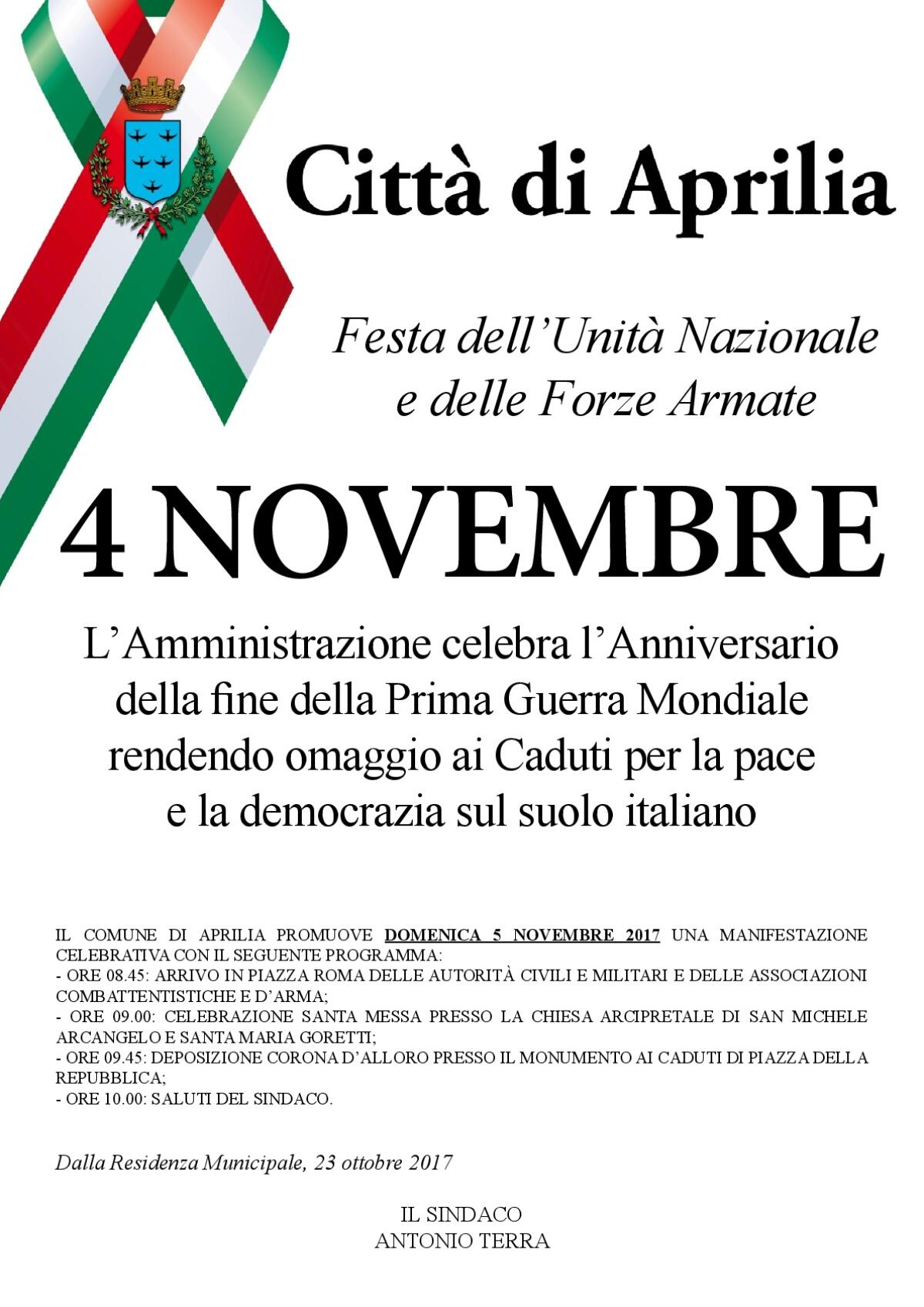 Anche ad Aprilia domenica la Festa dell’Unità Nazionale e delle Forze Armate - 