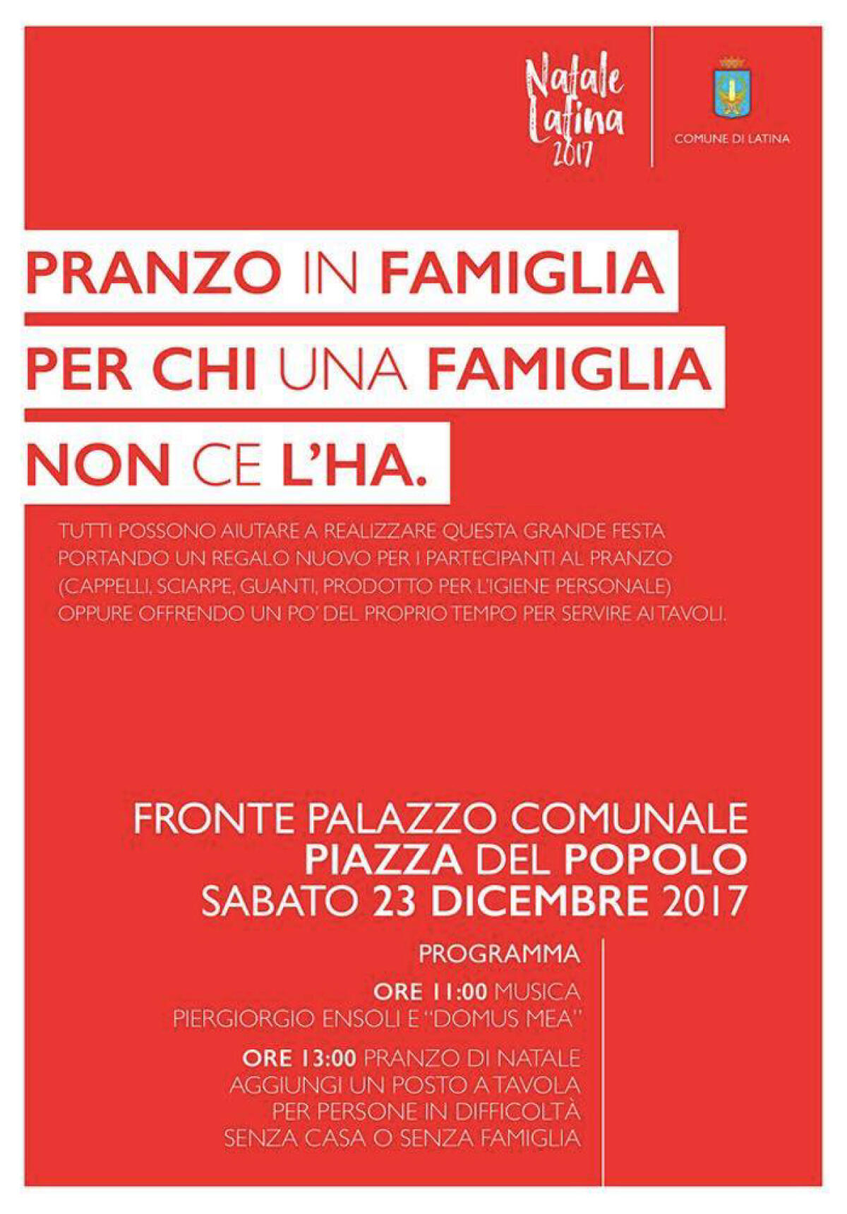 Oggi a Latina in Piazza del Popolo il “Pranzo solidale” organizzato dal Comune con i senza dimora. - 