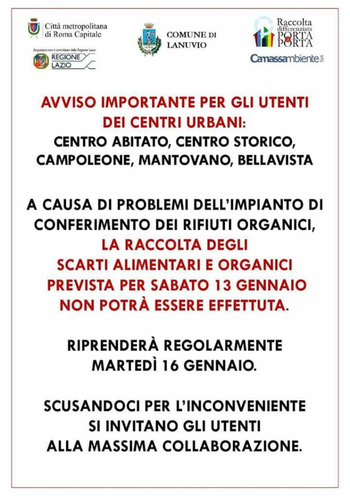 Problemi all’impianto di conferimento dei rifiuti organici: salta la raccolta dell’umido a Lanuvio. - 