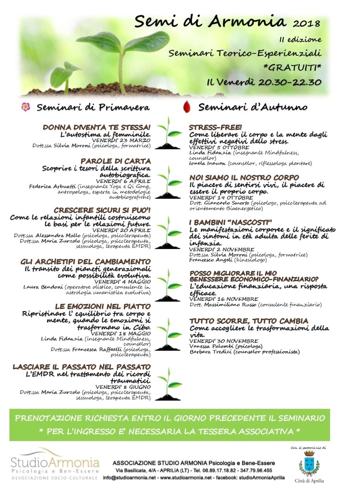 APRILIA – Al via la seconda edizione di “Semi di Armonia”, la rassegna di seminari di “Studio Armonia”. - 