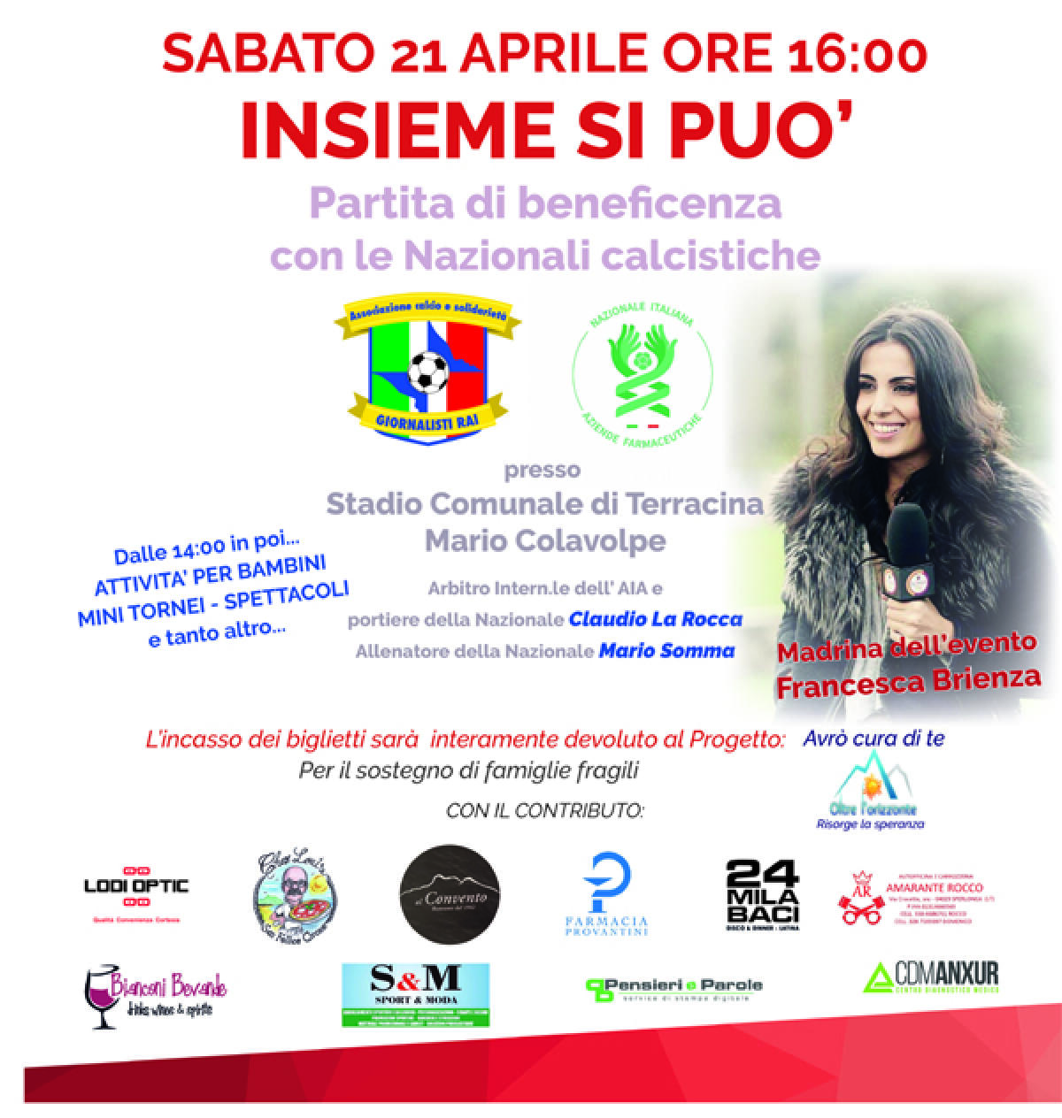 “Insieme si può”: partita di beneficenza oggi pomeriggio al "Colavolpe” di Terracina. - 