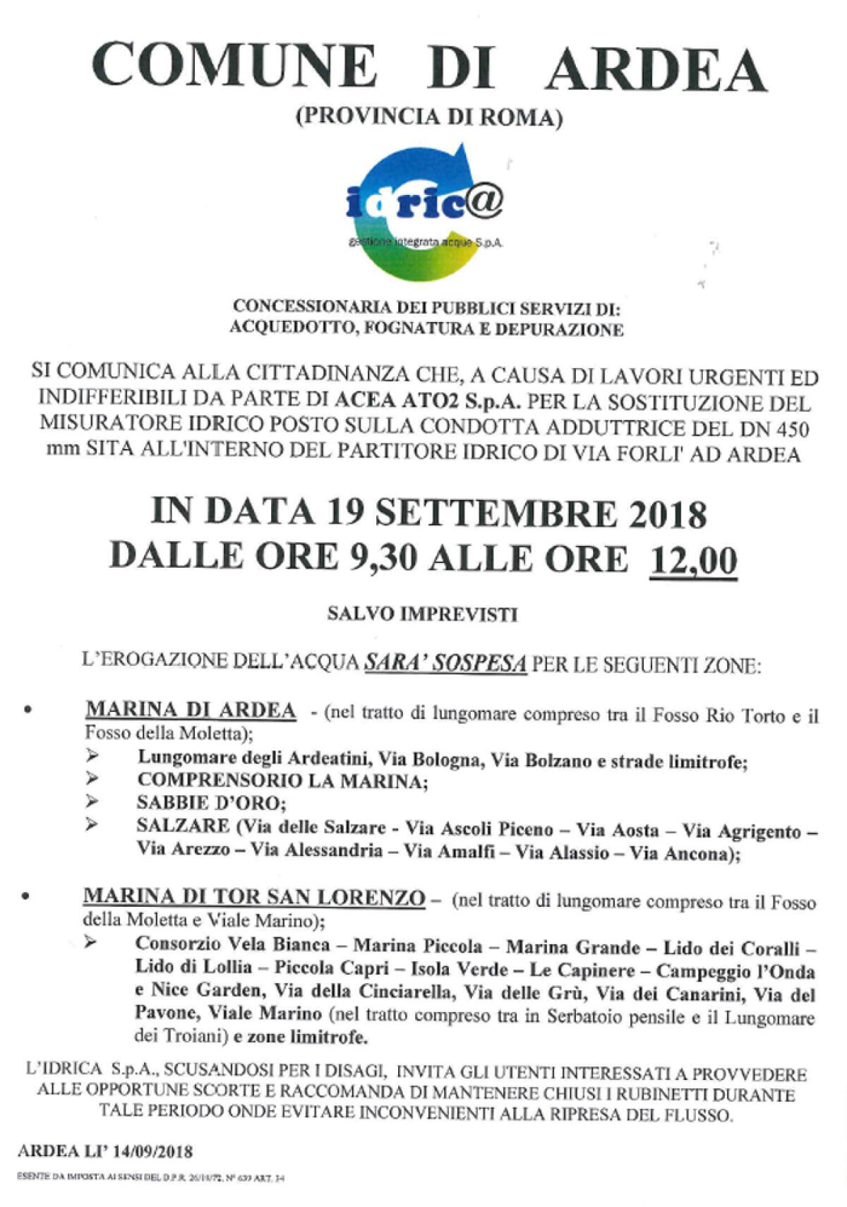 Sospensione idrica questo mercoledì ad Ardea e a Tor San Lorenzo. - 