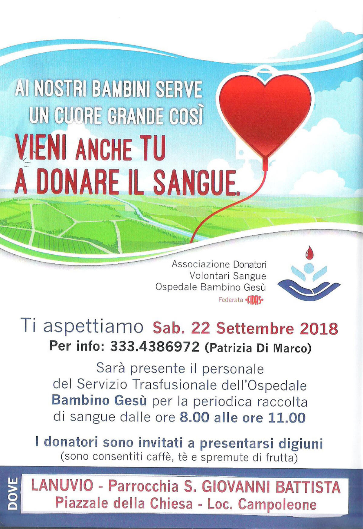 Giornata di raccolta sangue sabato 22 settembre a Campoleone, ad Aprilia. - 