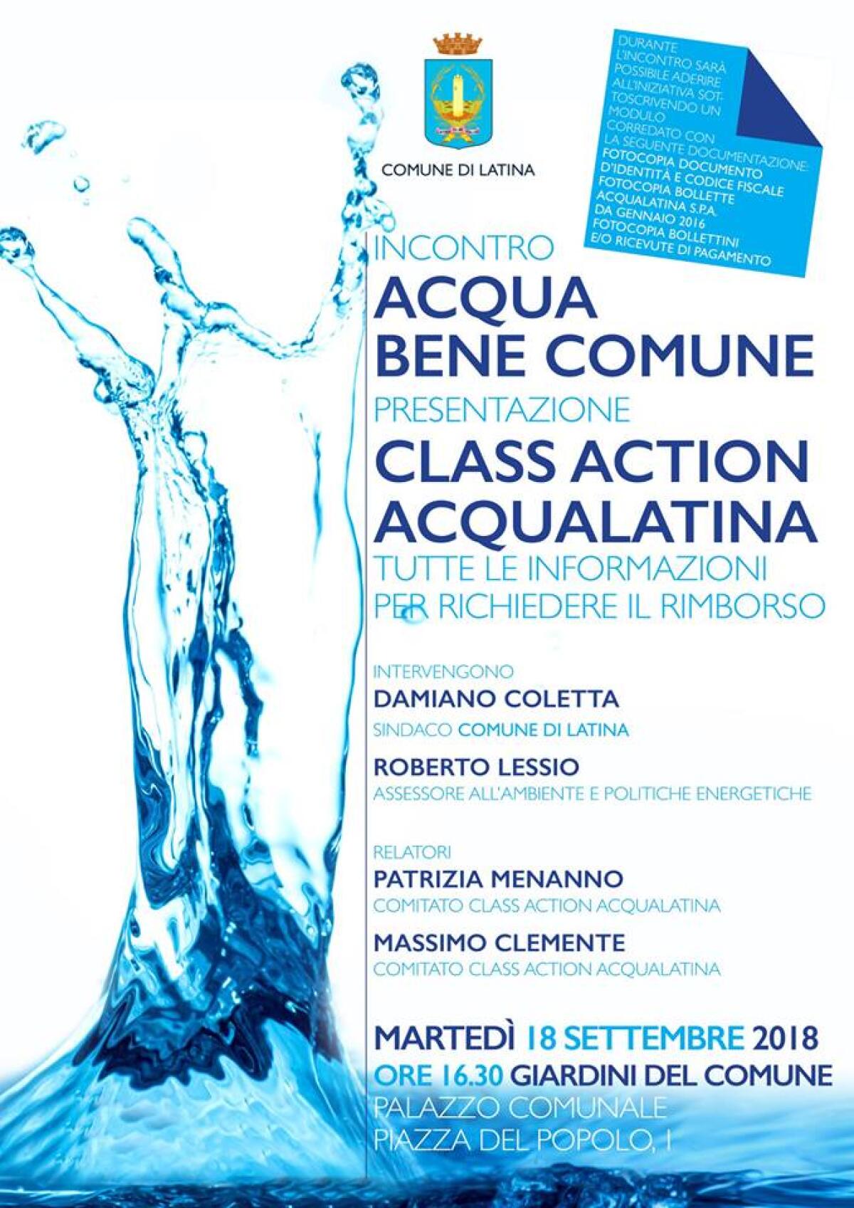 “Class action Acqualatina”: oggi il Comune di Latina ed il Comitato presentano l’iniziativa e aprono le adesioni. - 