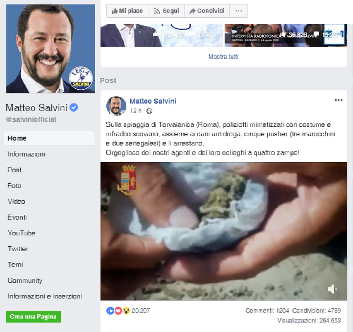 Operazione antidroga a Torvaianica: su Facebook il plauso alla Polizia di Matteo Salvini. - 