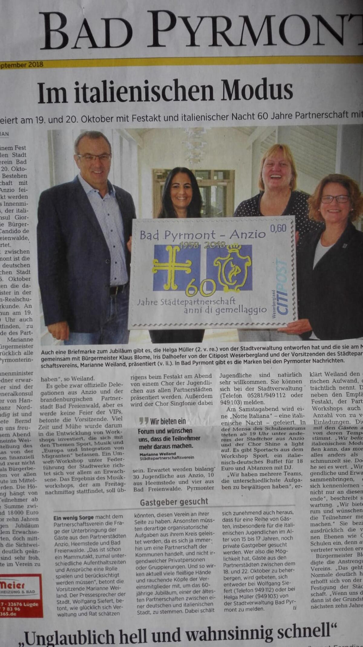 Le città di Anzio e Bad Pyrmont celebrano il 60esimo anniversario dello storico gemellaggio. - 