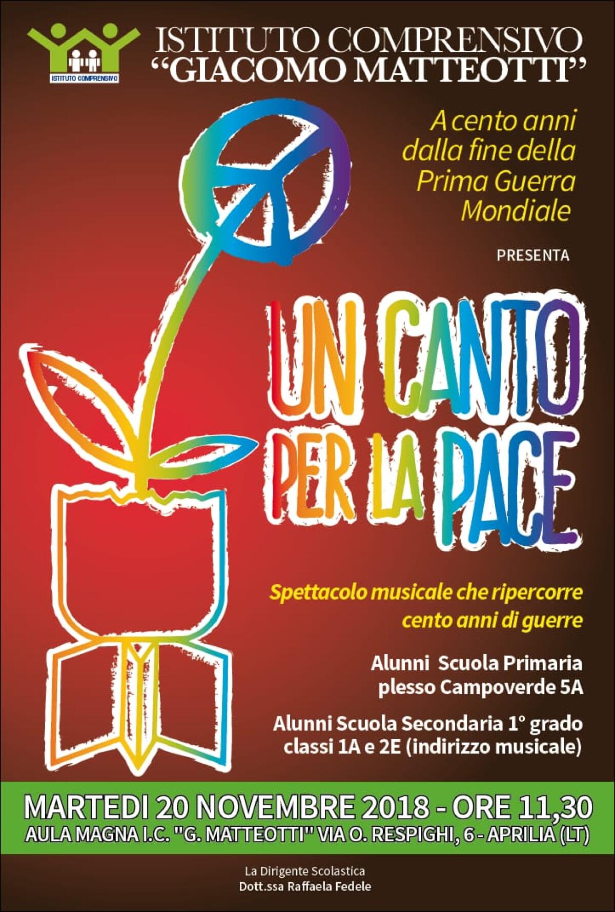 Un canto per la Pace, l'iniziativa alla Mettotti di Aprilia per ricordare la fine della Prima Guerra Mondiale - 