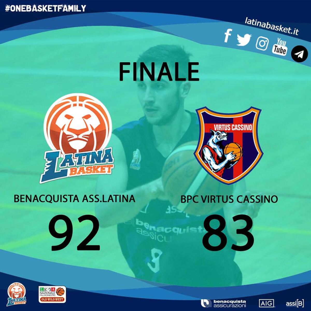 Basket serie A2: Latina s'impone sulla Virtus Cassino per 92-83. - 