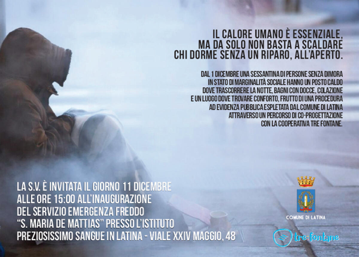 Martedì 11 dicembre a Latina l'inaugurazione del servizio “Emergenza freddo”. - 
