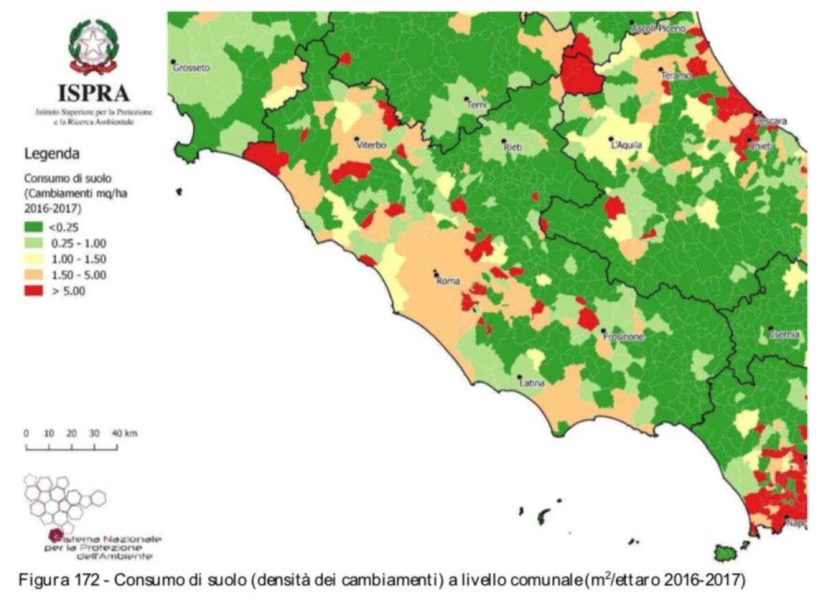 Consumo di Suolo: nel Lazio cementificati 315 ettari nel 2017, come 500 campi da calcio - 