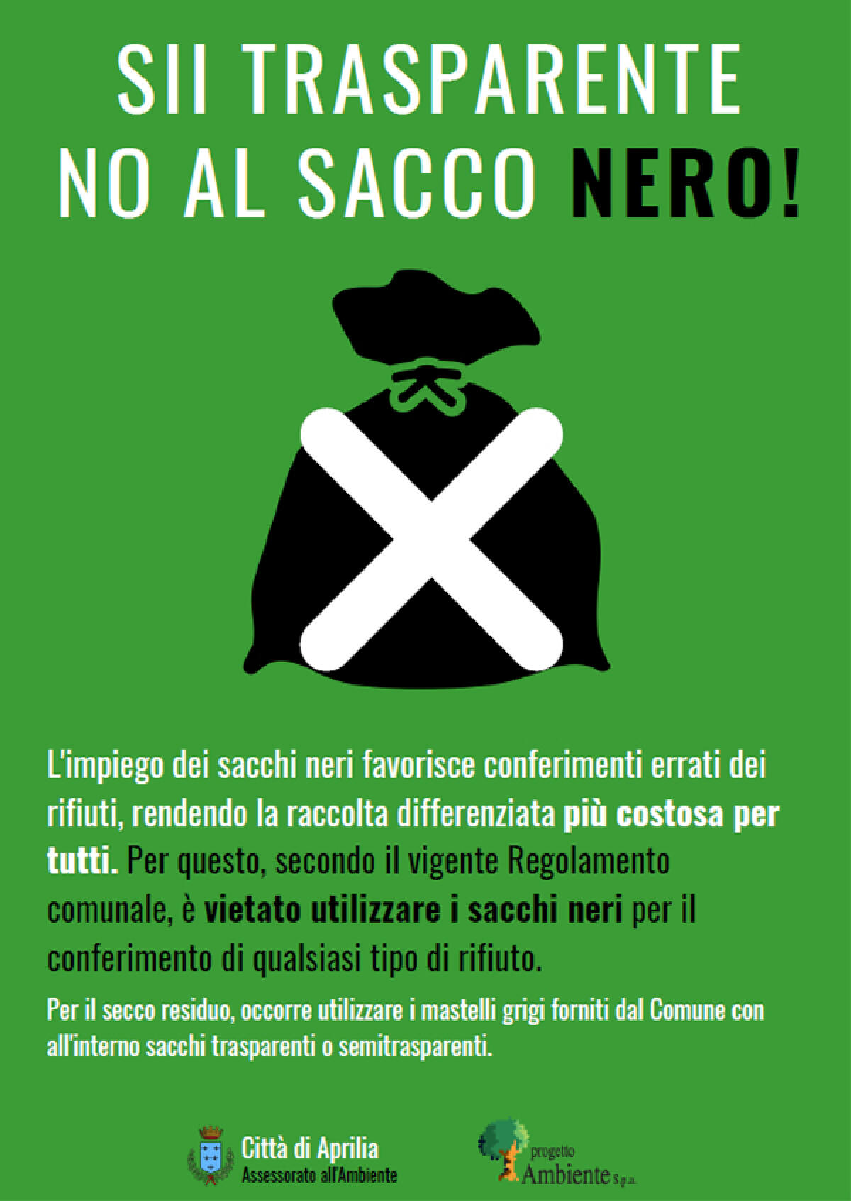 APRILIA – Conferimento dei rifiuti, al via la campagna del Comune “No al sacco nero”. Scattano anche i controlli. - 