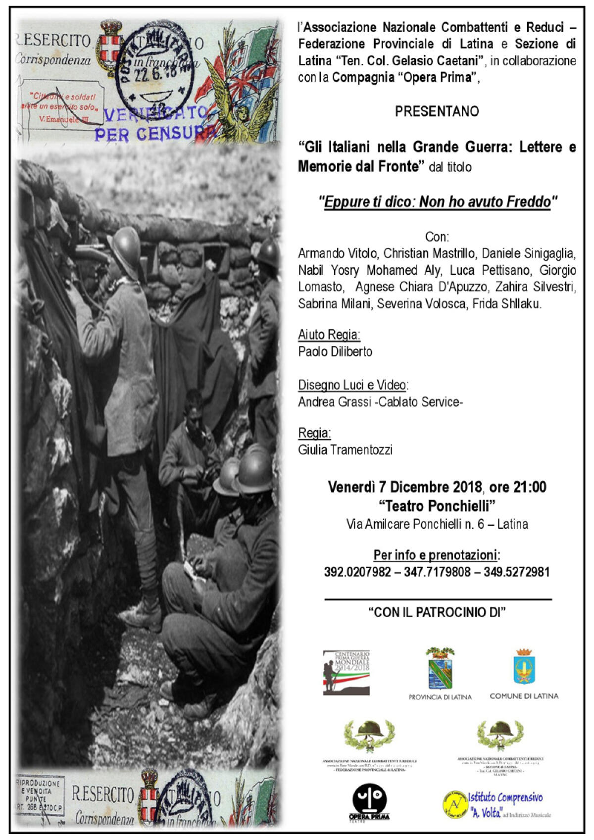A Latina uno spettacolo ricordando la Grande Guerra: "Eppure ti dico, non ho avuto freddo" - 