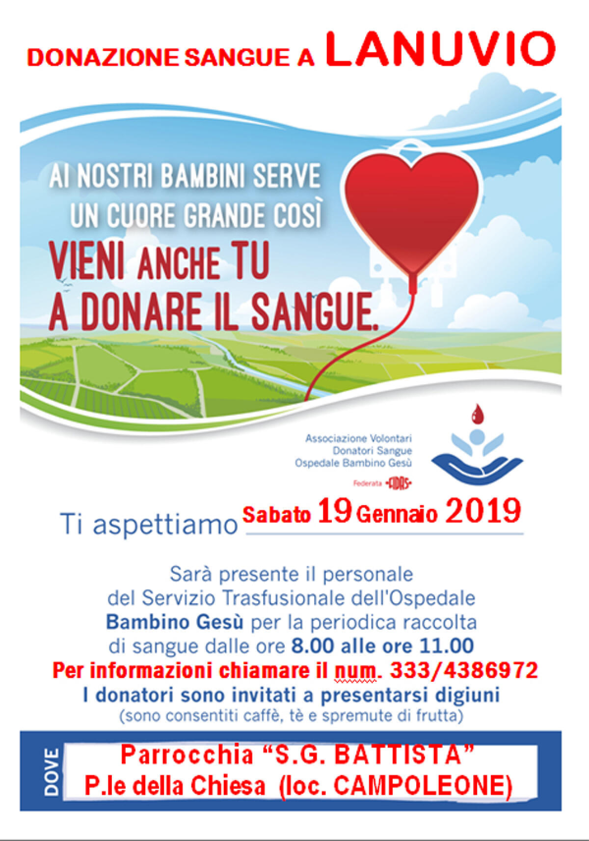 Giornata di raccolta sangue oggi presso la Parrocchia San Giovanni Battista di Campoleone. - 