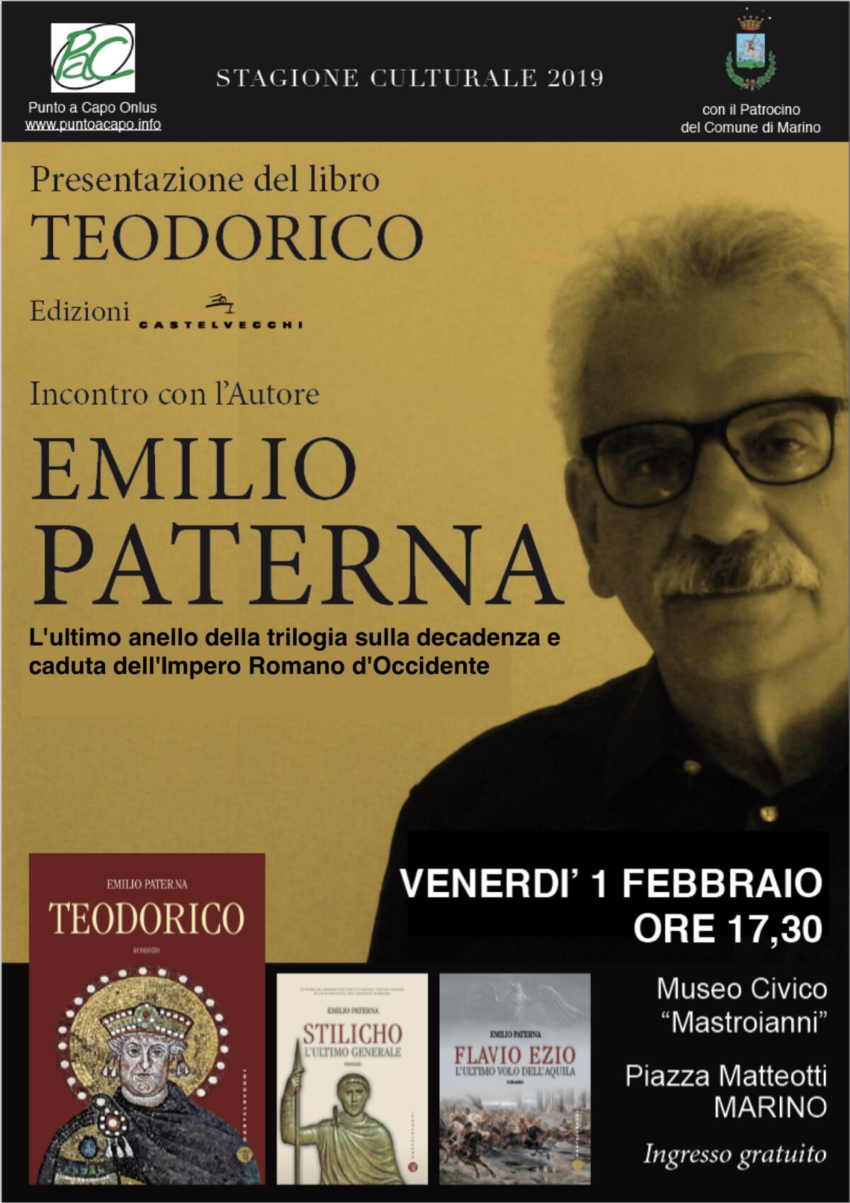 MARINO - Emilio Paterna oggi presenta il suo terzo libro “Teodorico”. - 