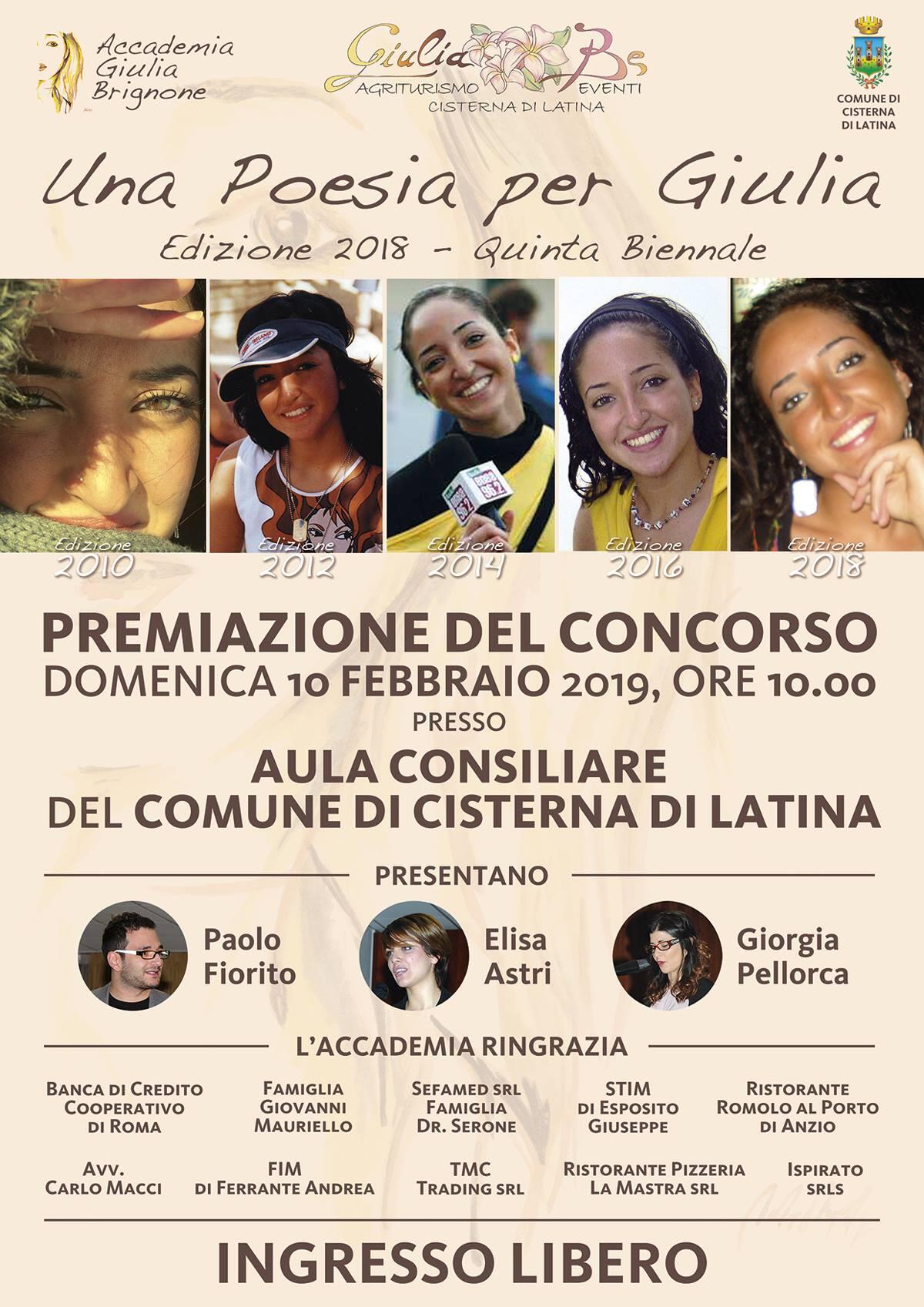 CISTERNA -  Decennale del concorso “Una poesia per Giulia”: questa domenica la premiazione. - 