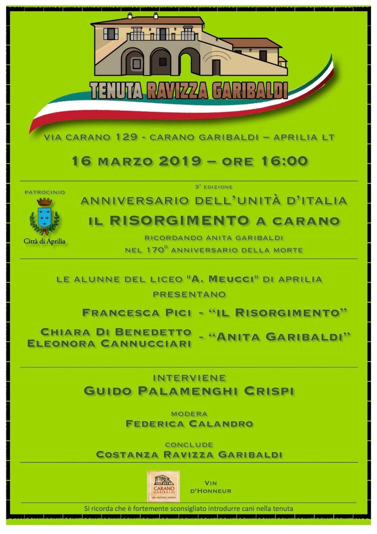 Ad Aprilia questo sabato l'iniziativa  “Anniversario dell’Unità d’Italia, il Risorgimento a Carano”. - 