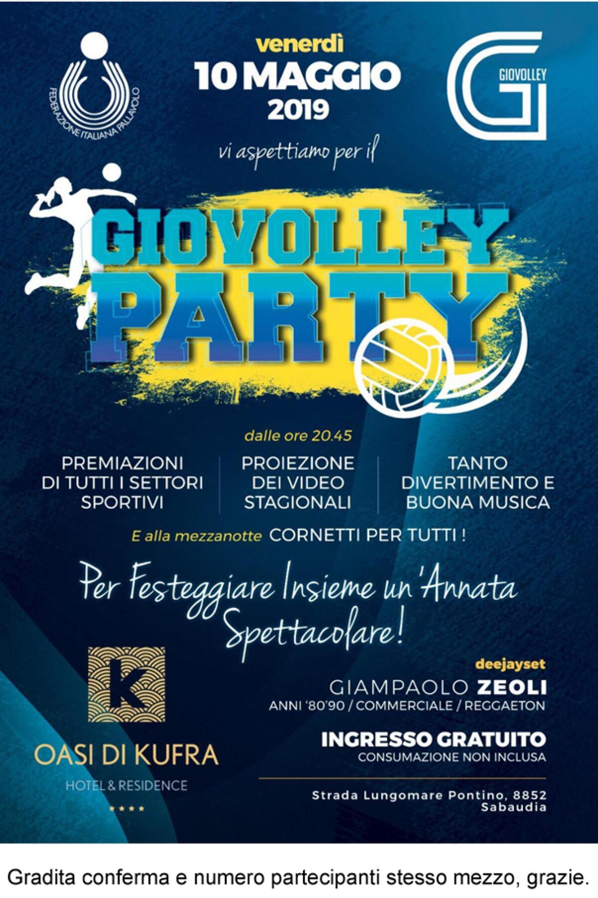 “Giò Volley Party” questo venerdì 10 maggio per festeggiata l’annata di successi della società apriliana. - 