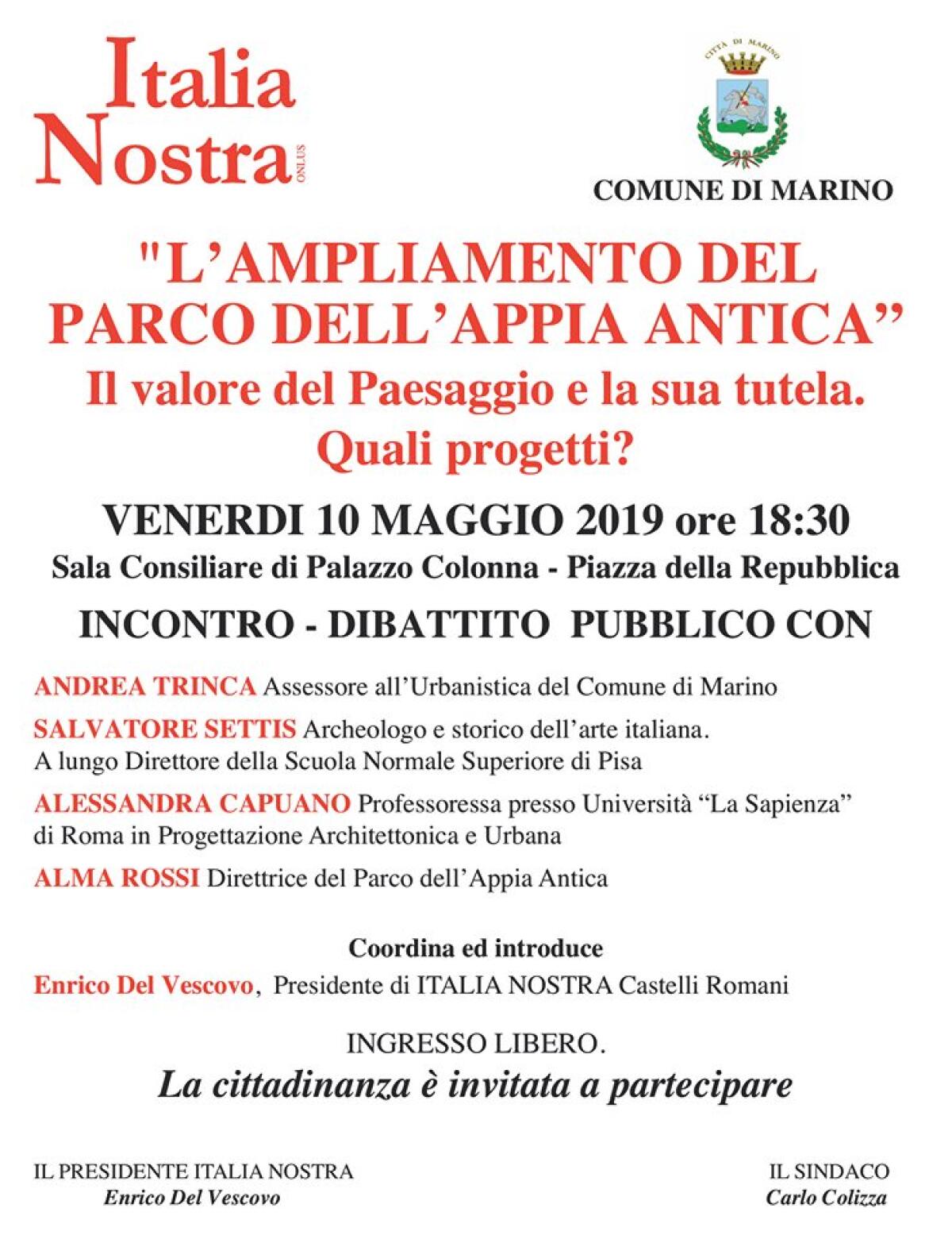 “L’ampliamento del Parco dell’Appia Antica”: incontro-dibattito oggi a Marino. - 