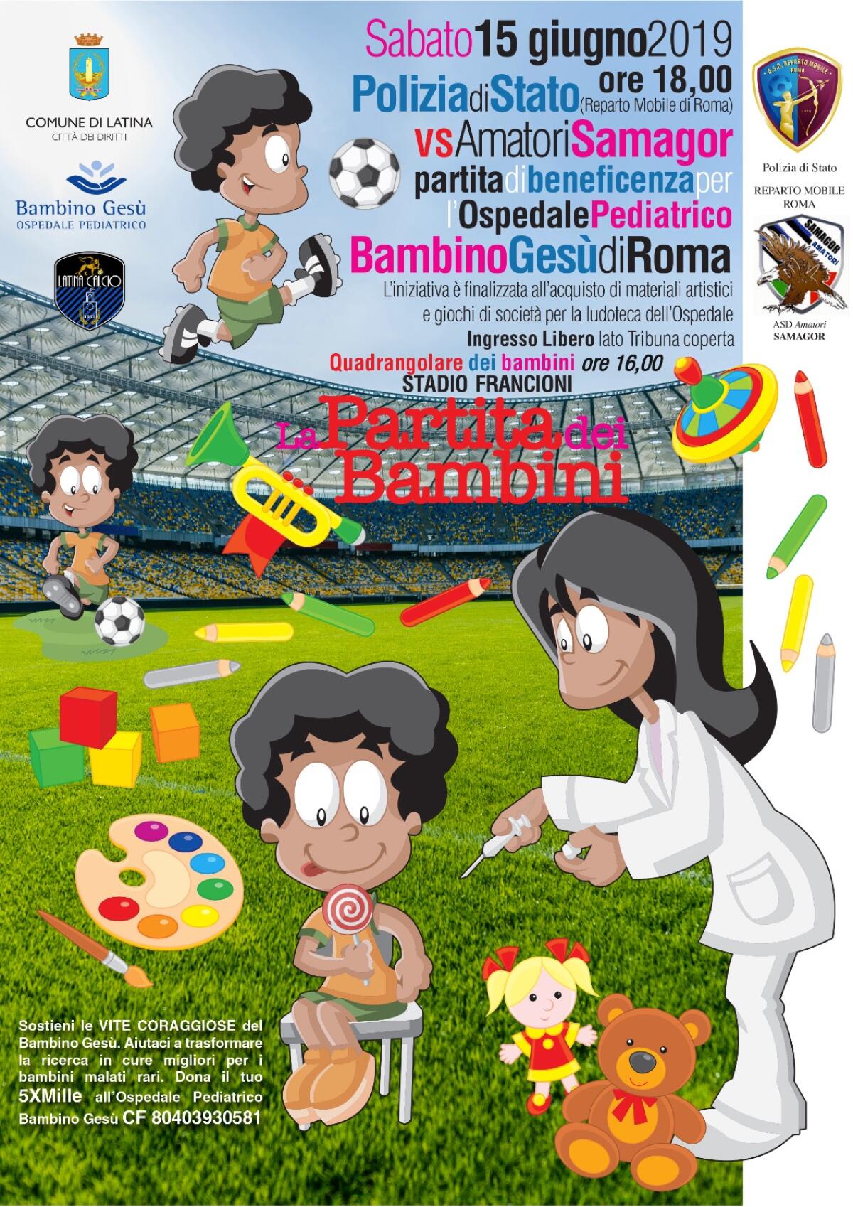 “Partita dei Bambini”: iniziativa di solidarietà oggi pomeriggio allo stadio “Francioni” di Latina. - 