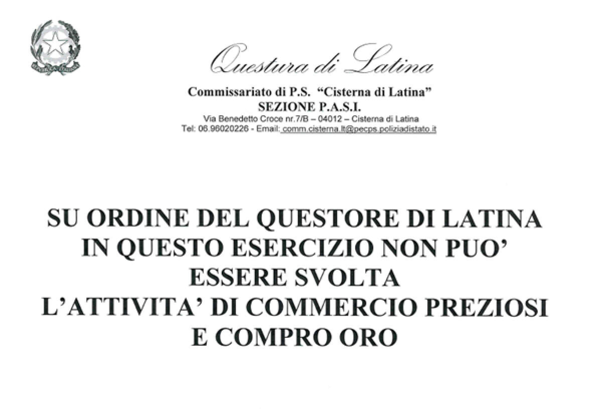 Scoperto dalla Polizia a Cisterna un negozio “compro oro” abusivo. - 