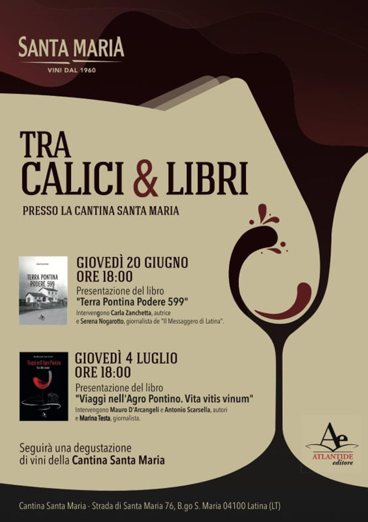 LATINA - “Tra calici & libri”: due appuntamenti presso la storica “Cantina Santa Maria”. - 