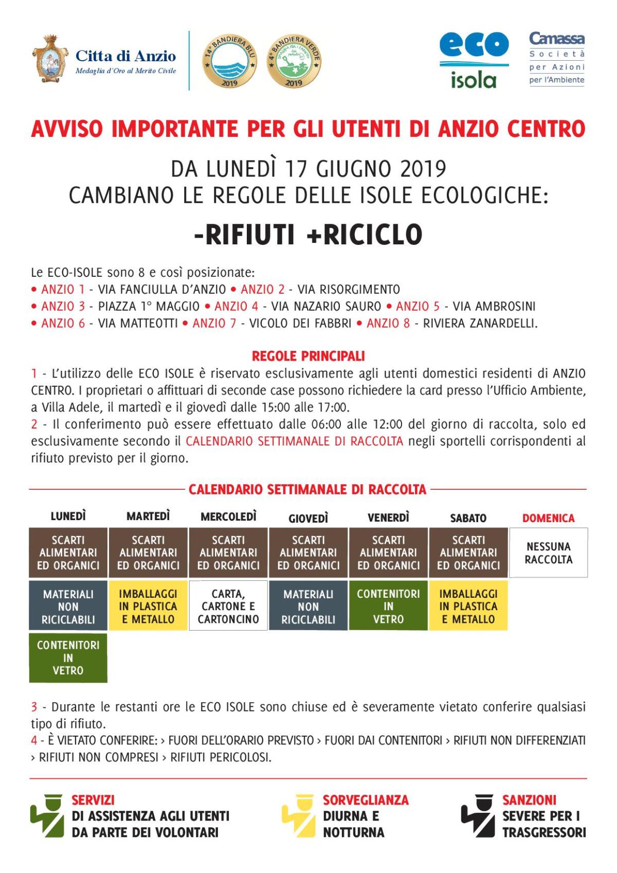 Ad Anzio centro, dal 17 giugno, nuove regole per il conferimento differenziato dei rifiuti. - 