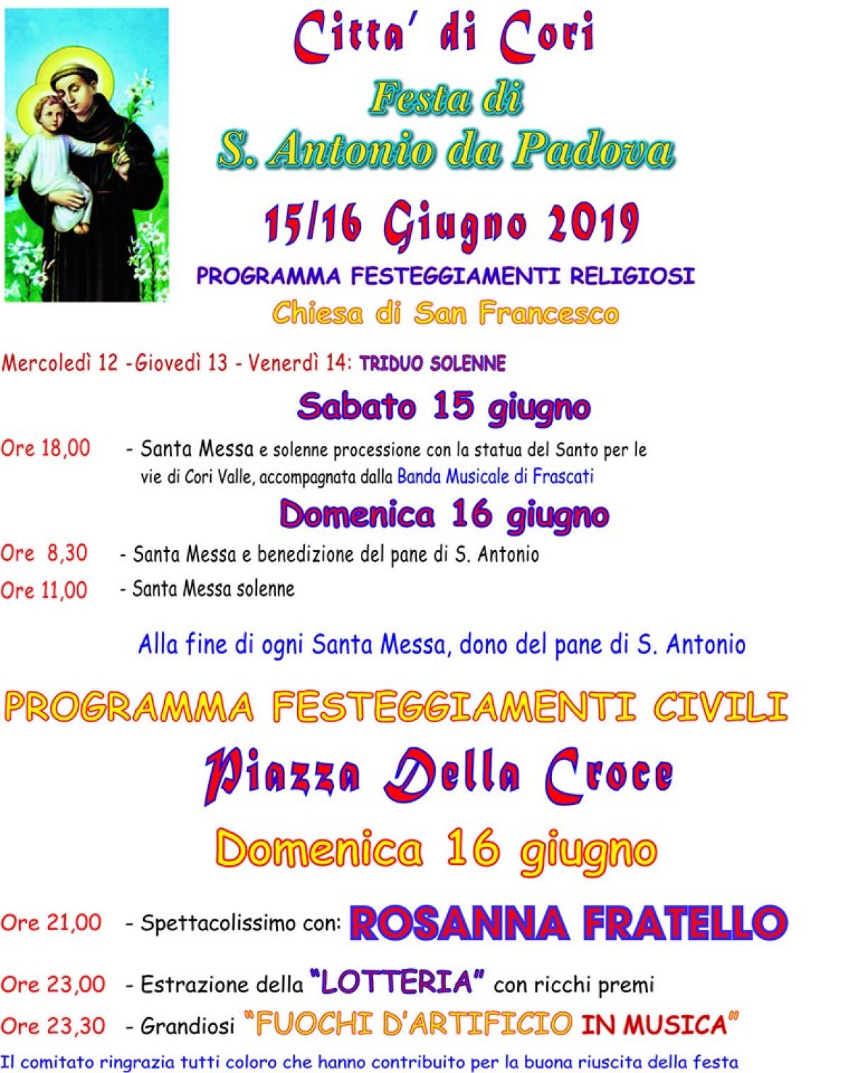 Festa di Sant’Antonio da Padova a Cori sino a domenica 16 giugno. - 