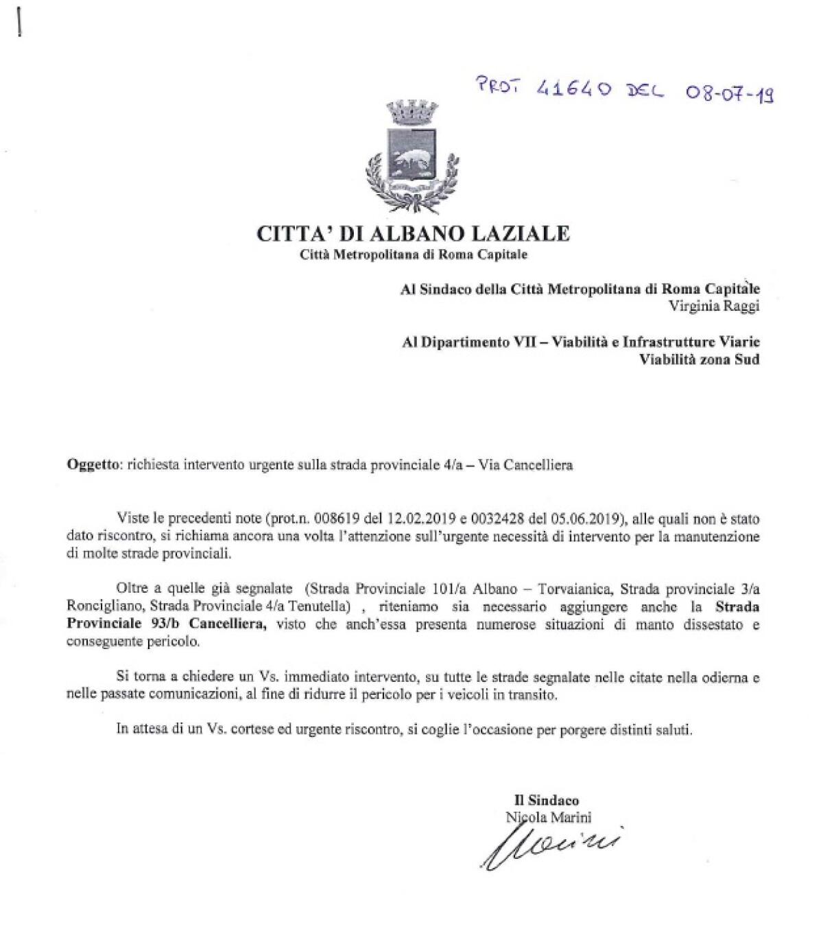 Strade provinciali dissestate: il Sindaco di Albano, Marini, scrive nuovamente alla Città Metropolitana. - 