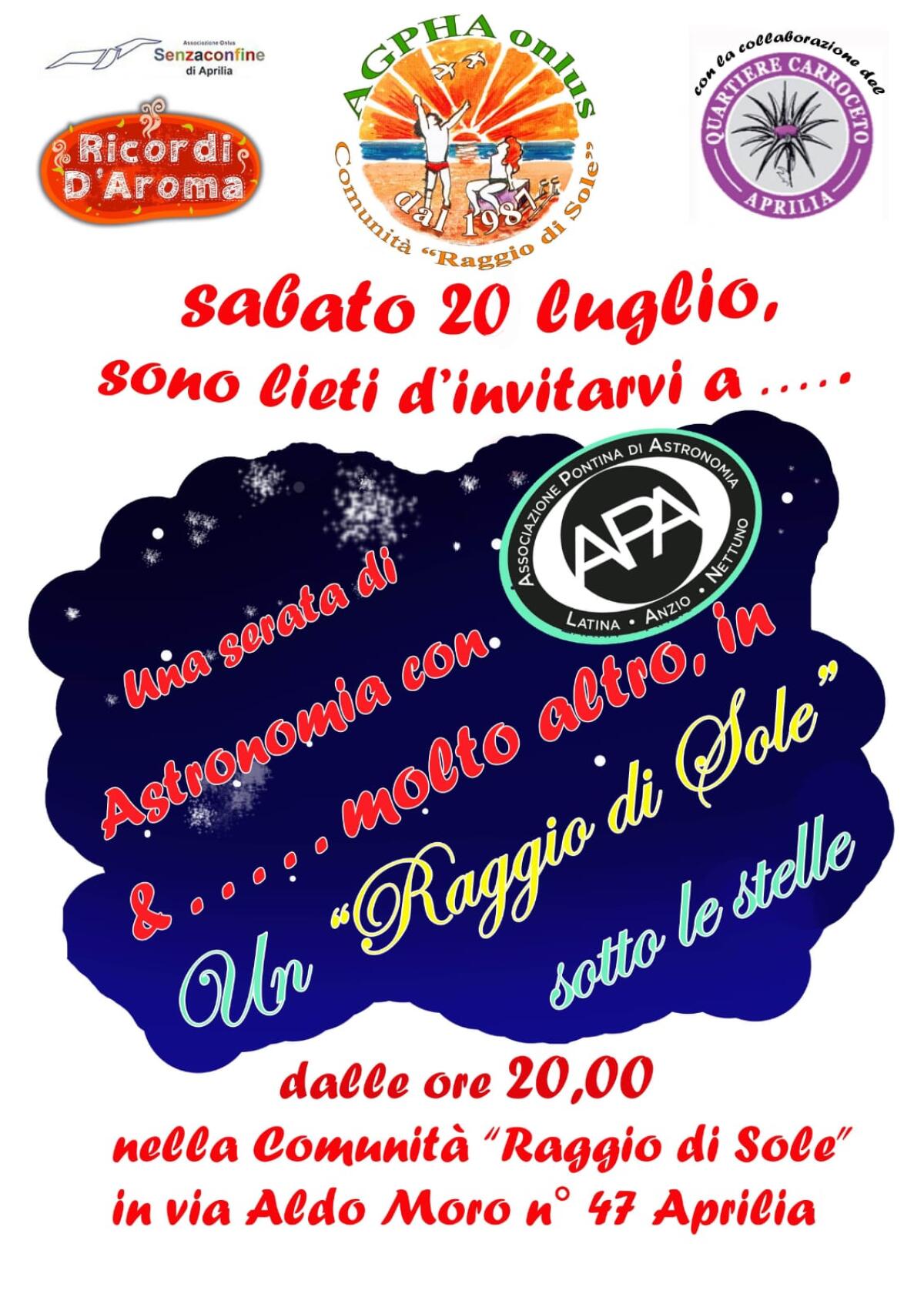 Serata astronomica questo sabato nel piazzale della comunità “Raggio di Sole” dell'Agpha di Aprilia. - 