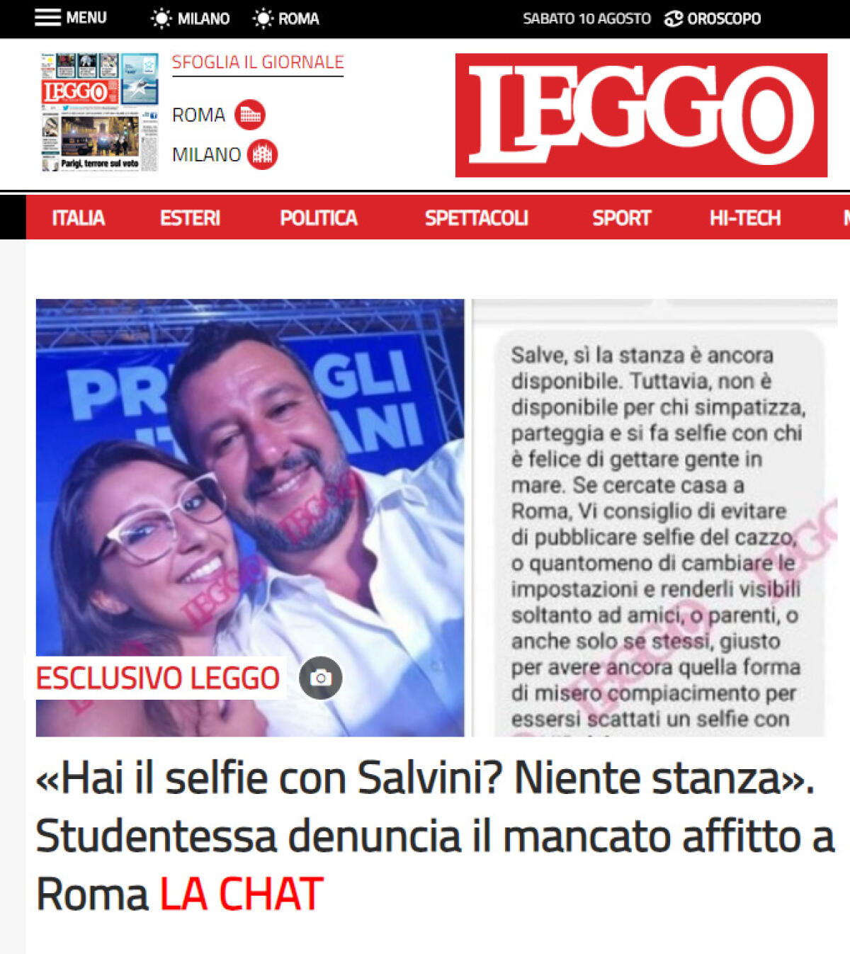 Posta su Facebook una foto con Salvini: casa in affitto a Roma negata ad una studentessa pontina. - 