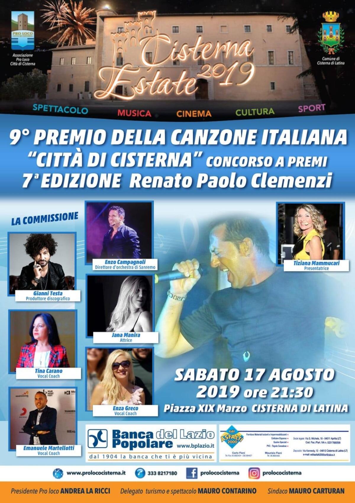 Questo sabato la nona edizione del “Premio della Canzone Italiana – Città di Cisterna”, in memoria di Renato Paolo Clemenzi. - 