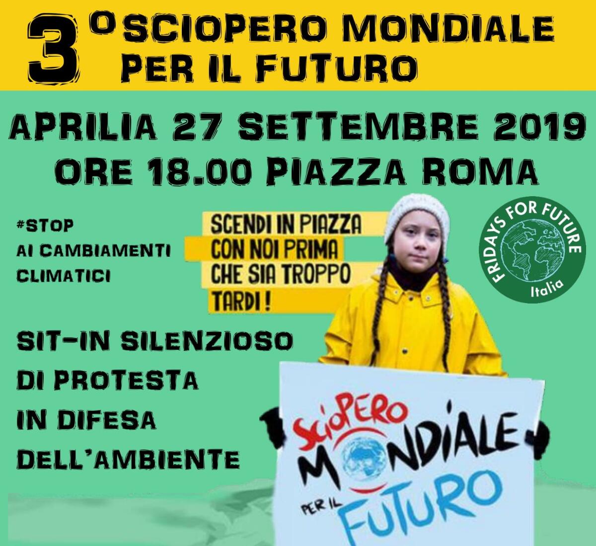 Terzo Sciopero Mondiale per il Futuro: questo venerdì sit-in silenzioso di protesta in Piazza Roma, ad Aprilia. - 