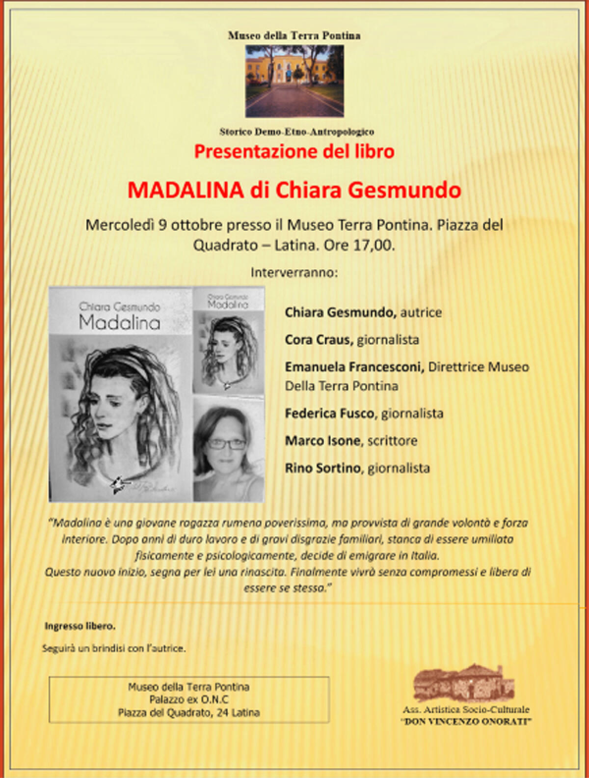 Al Museo Terra Pontina di Latina la presentazione del romanzo “Madalina” di Chiara Gesmundo. - 