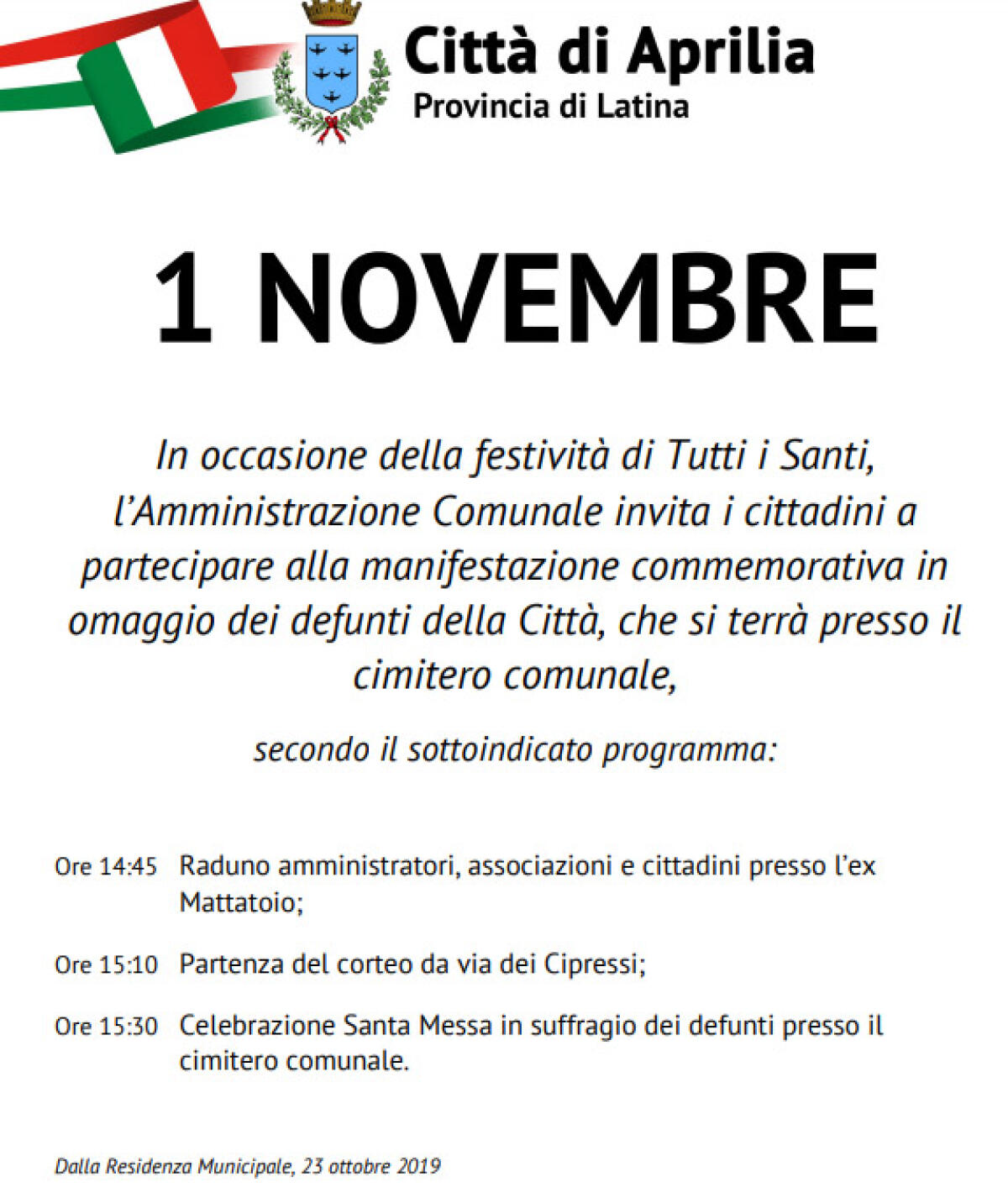 Aprilia, cerimonia per i defunti venerdì al Cimitero - 