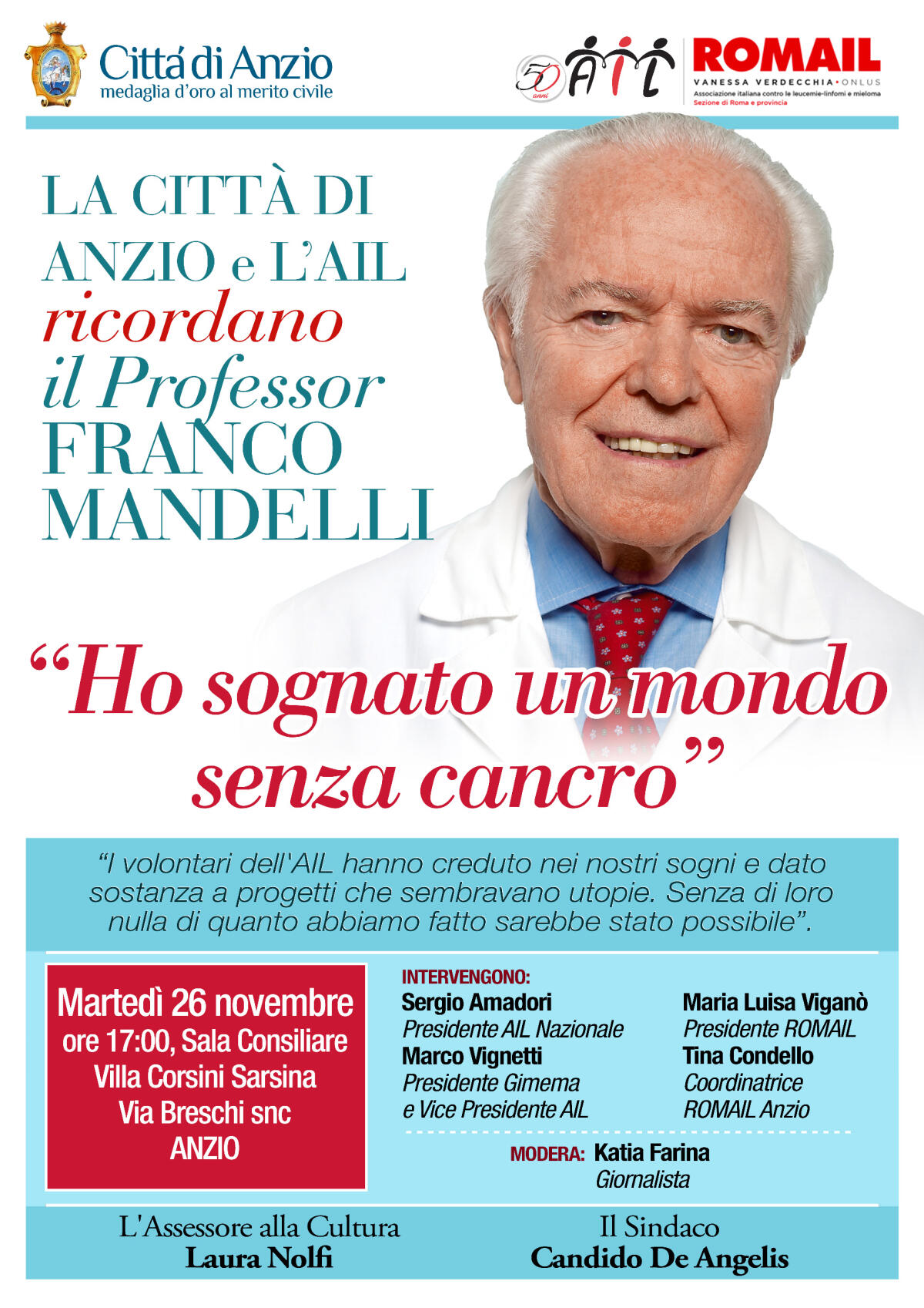 La Città di Anzio e l'AIL oggi ricordano il professor Franco Mandelli, padre dell'ematologia moderna. - 