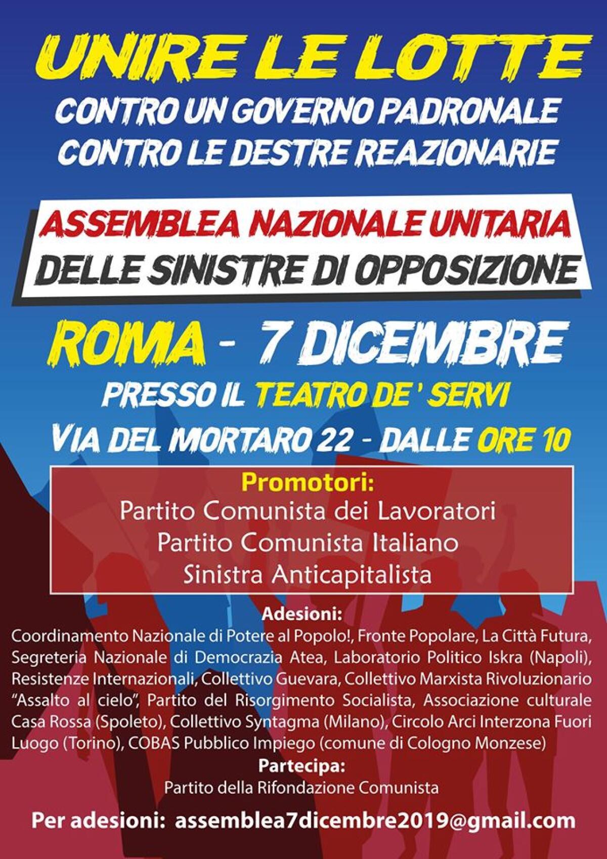 Verso l’assemblea nazionale unitaria delle sinistre di opposizione a Roma, adesioni da Aprilia - 