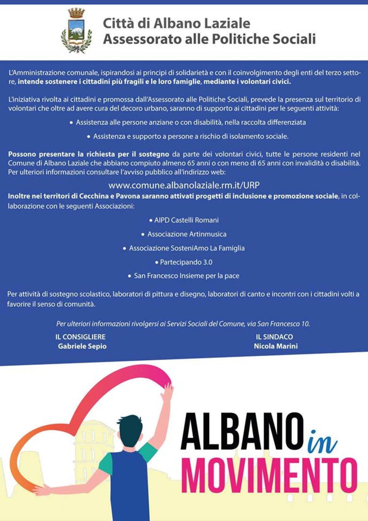 Ad Albano arrivano i “volontari civici” per le persone più fragili. - 
